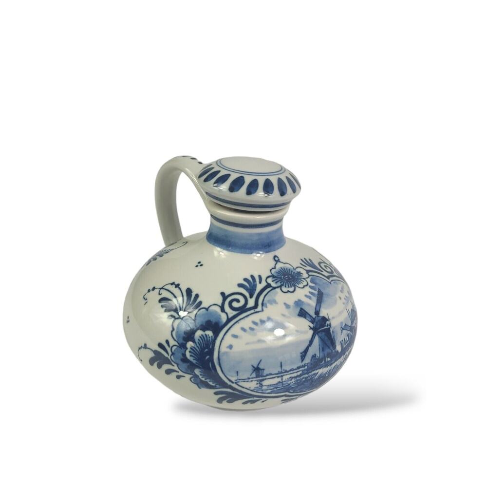 Delft Holland Vintage Hand Painted Blue White Windmills Zenith Carafe Dutch BOLS
